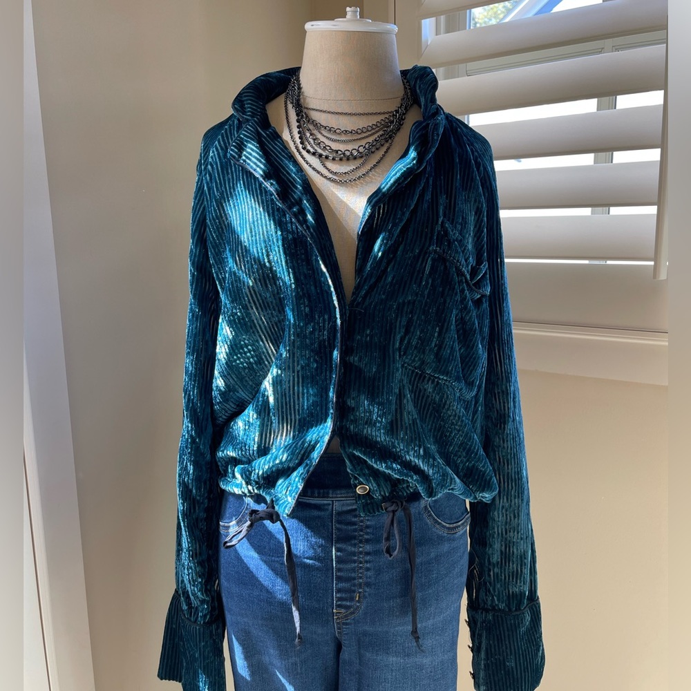 Free People teal velvet & sheer stripe top L